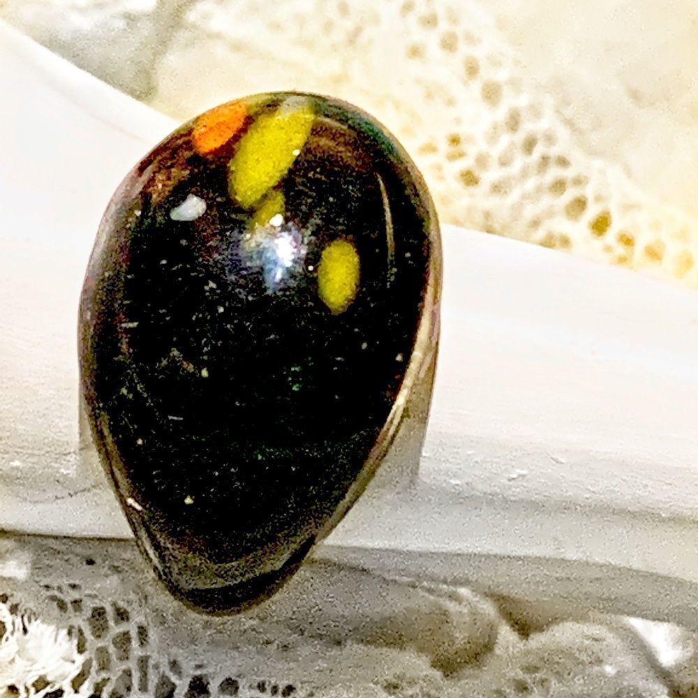 Vintage black orange yellow Murano glass ring 6.5 new old stock